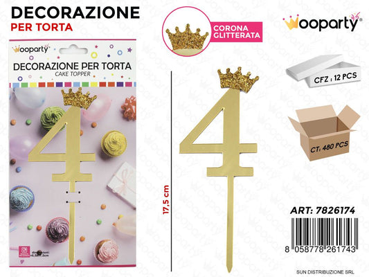 DEC. PER TORTA N.4 ORO C/ CORONA GLIT. 17.5CM /PZ DA 12**