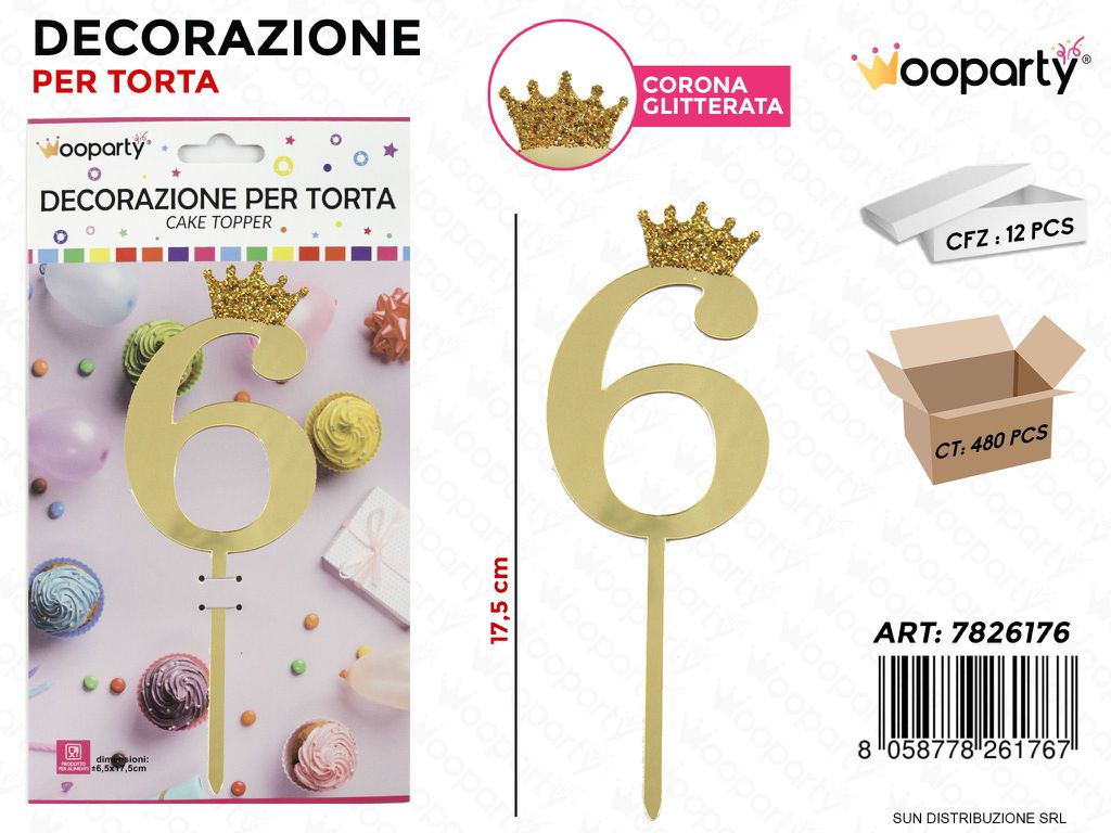 DEC. PER TORTA N.6 ORO C/ CORONA GLIT. 17.5CM /PZ DA 12**