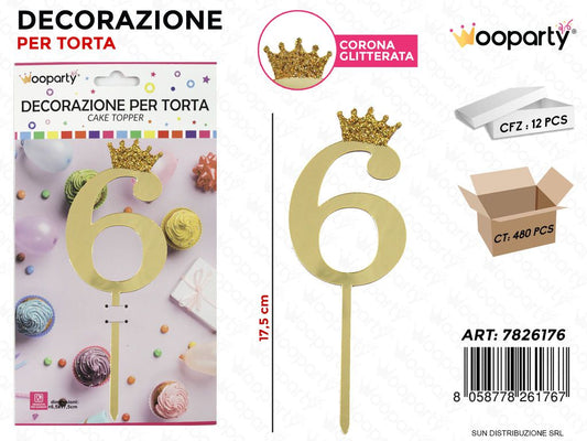 DEC. PER TORTA N.6 ORO C/ CORONA GLIT. 17.5CM /PZ DA 12**
