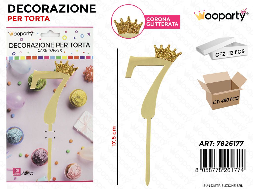 DEC. PER TORTA N.7 ORO C/ CORONA GLIT. 17.5CM /PZ DA 12**