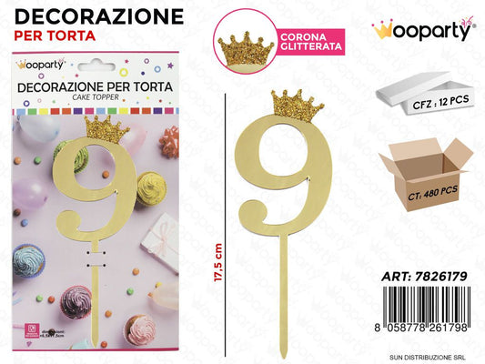 DEC. PER TORTA N.9 ORO C/ CORONA GLIT. 17.5CM /PZ DA 12**