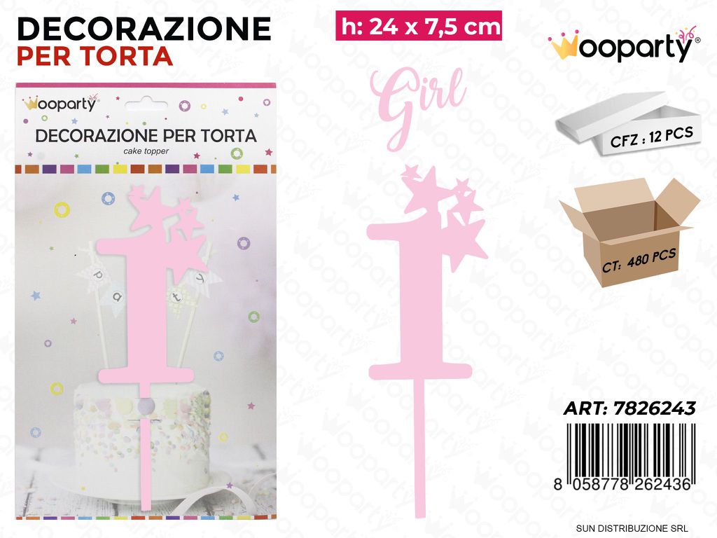 DEC. PER TORTA N. 1 GIRL ROSA  24*7.5CM /PZ DA 12**