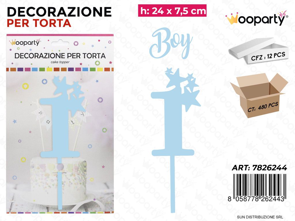 DEC. PER TORTA N. 1 BOY CELESTE 24*7.5CM /PZ DA 12**