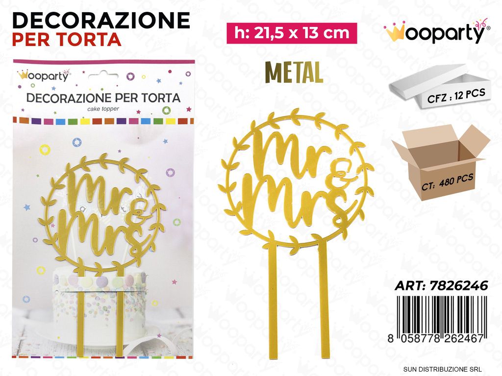 DEC. PER TORTA MR E MRS ORO METAL 21.5*13CM /PZ DA 12**