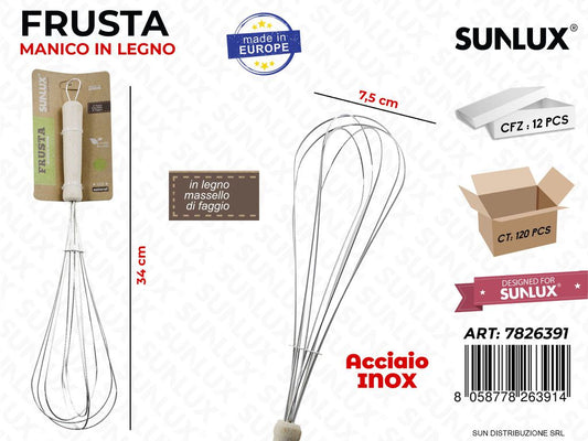 Frusta in Acciaio Inox c/ Manico Legno 7.5*34CM