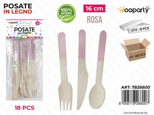 POSATE PARTY IN LEGNO ROSA 18PCS 16CM /PZ DA 12**
