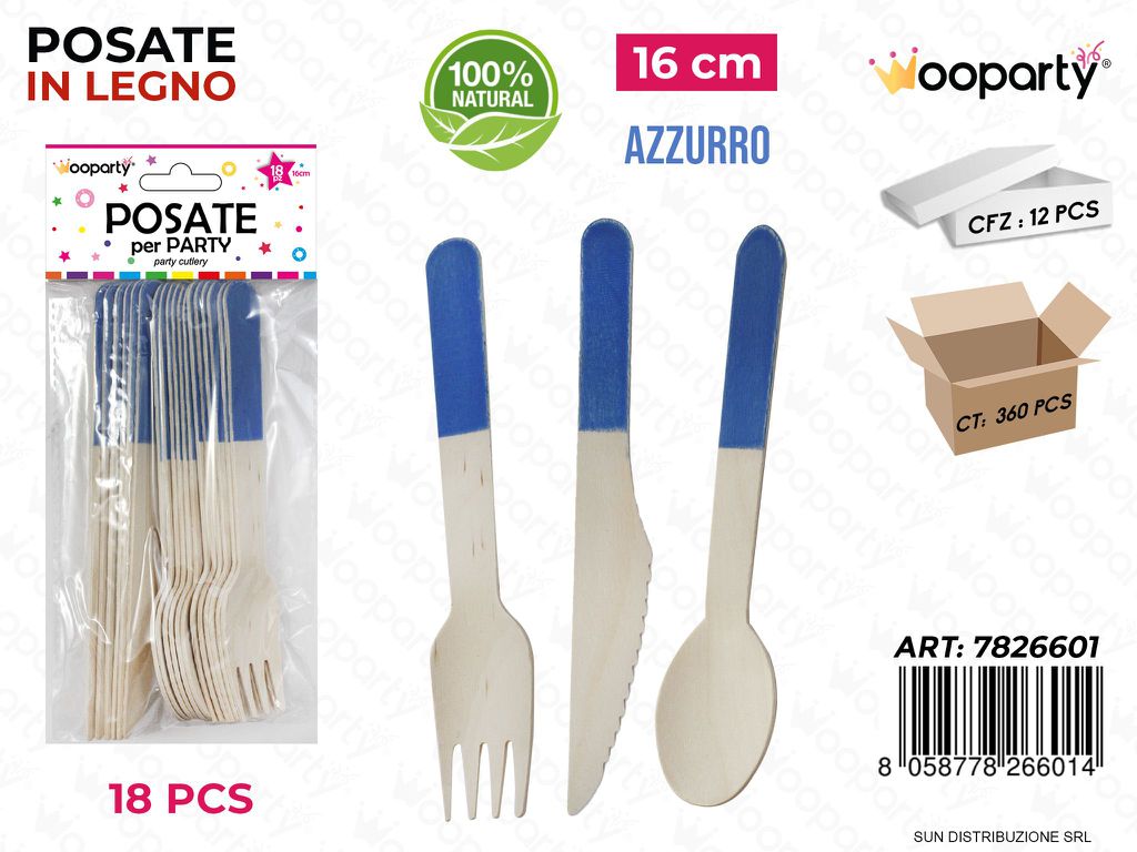 POSATE PARTY IN LEGNO AZZURRO 18PCS 16CM /PZ DA 12**