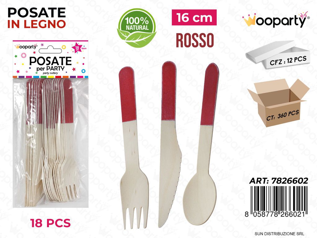 POSATE PARTY IN LEGNO ROSSO 18PCS 16CM /PZ DA 12**