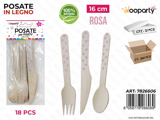 POSATE PARTY IN LEGNO POIS ROSA 18PCS 16CM /PZ DA 12**