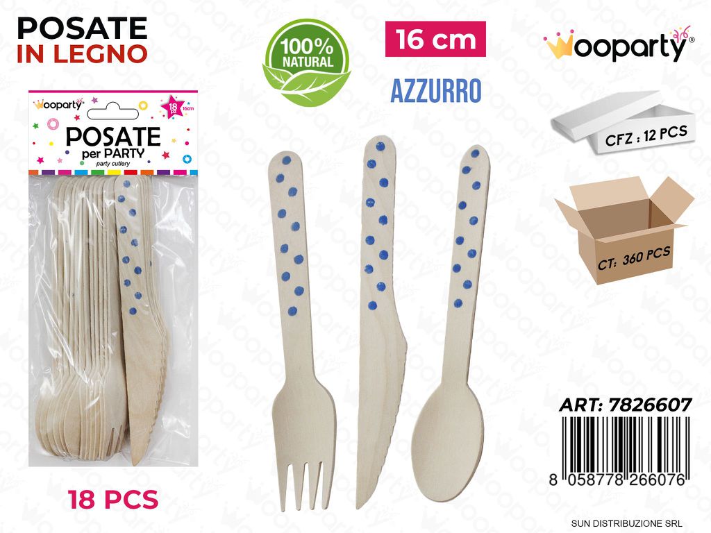 POSATE PARTY IN LEGNO POIS AZZURRO 18PCS 16CM /PZ DA 12**
