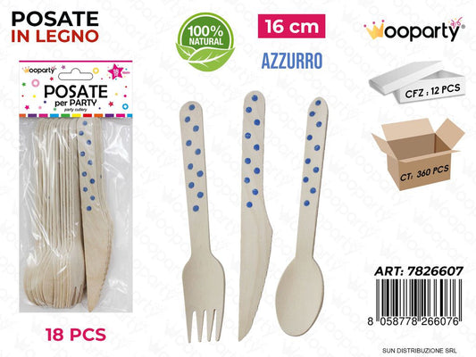 POSATE PARTY IN LEGNO POIS AZZURRO 18PCS 16CM /PZ DA 12**