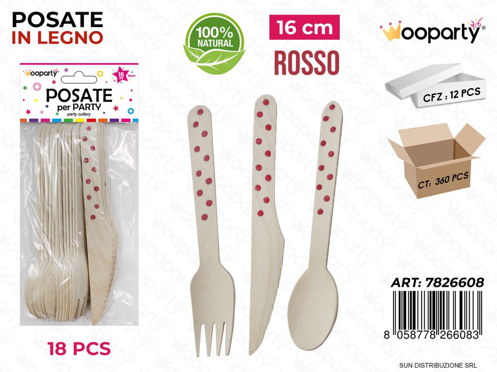 POSATE PARTY IN LEGNO POIS ROSSO 18PCS 16CM /PZ DA 12**