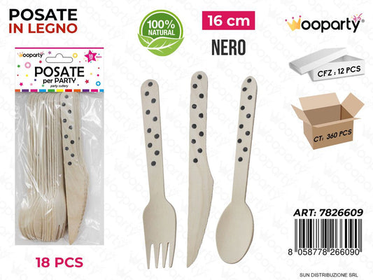 POSATE PARTY IN LEGNO POIS NERO 18PCS 16CM /PZ DA 12**