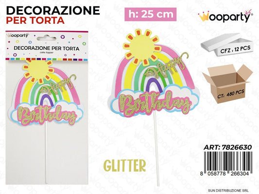 DEC. PER TORTA H. BIRTHDAY ROSA GLITTER 25CM /PZ DA 12**