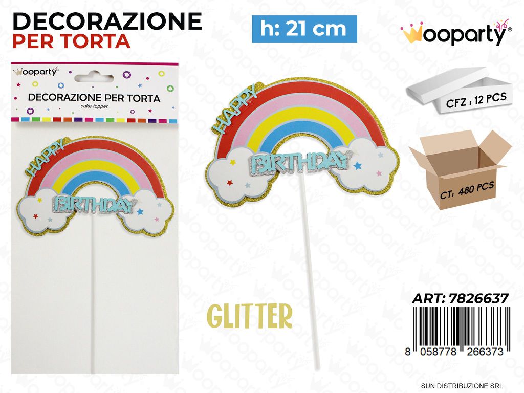 DEC. PER TORTA H. BIRTHDAY GLITTER 21CM /PZ DA 12**
