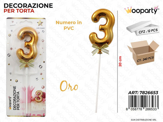 DEC. PER TORTA IN PVC N. 3 ORO 20CM /PZ DA 12**