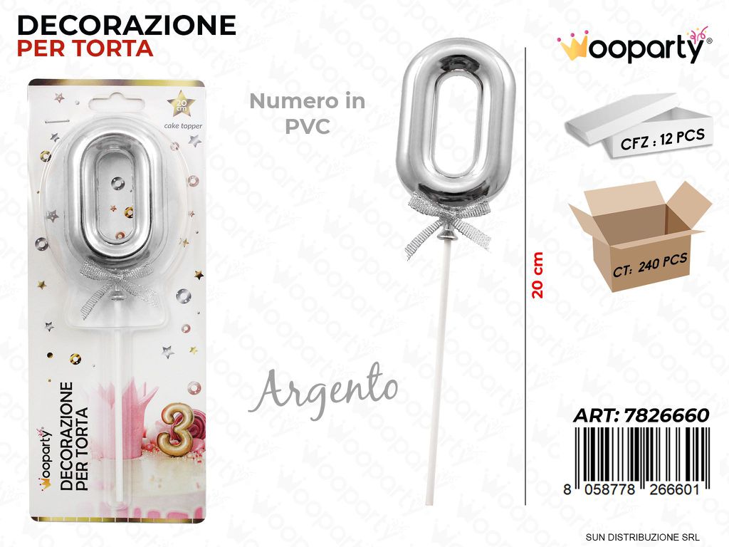 DEC. PER TORTA IN PVC N. 0 ARGENTO 20CM /PZ DA 12**