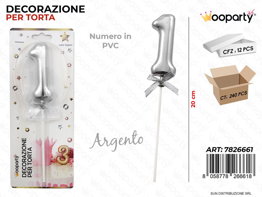 DEC. PER TORTA IN PVC N. 1 ARGENTO 20CM /PZ DA 12**