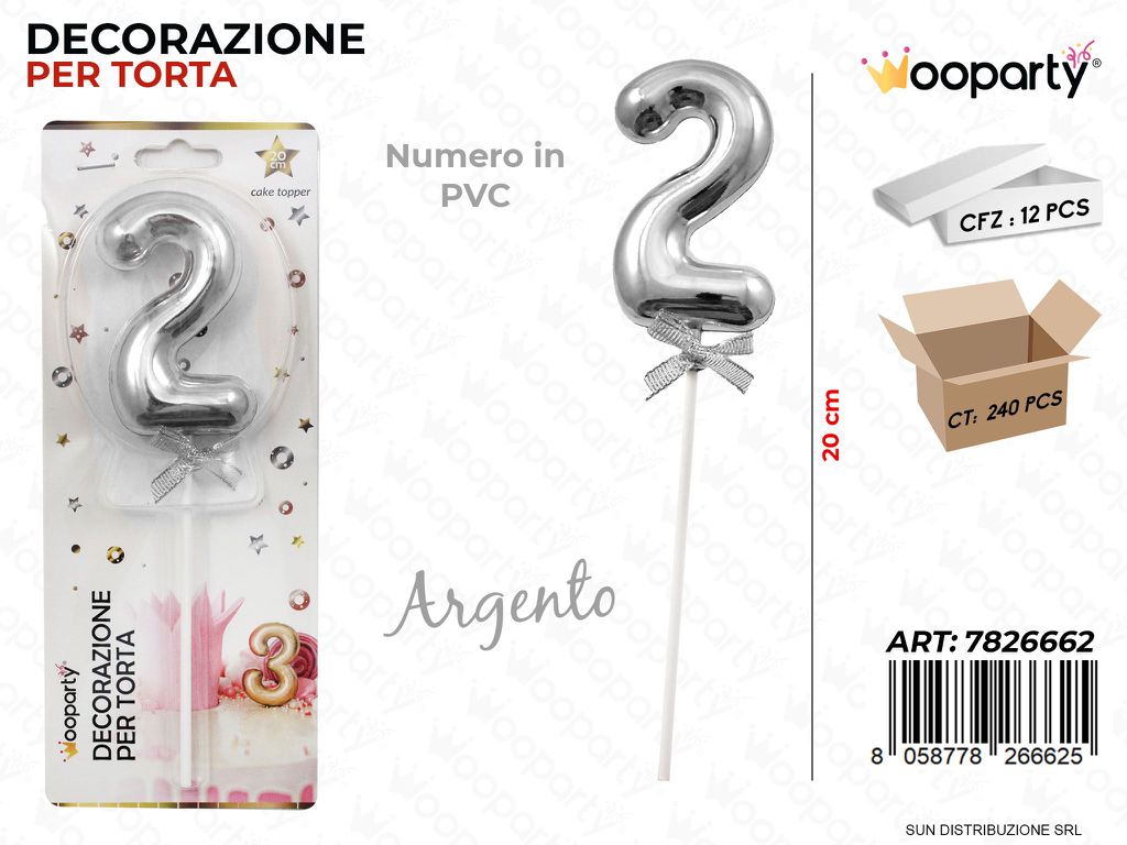 DEC. PER TORTA IN PVC N. 2 ARGENTO 20CM /PZ DA 12**