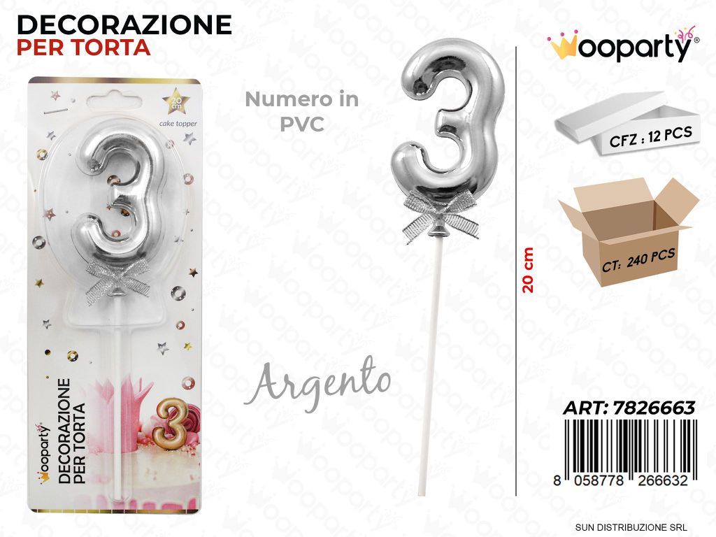 DEC. PER TORTA IN PVC N. 3 ARGENTO 20CM /PZ DA 12**