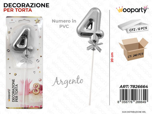 DEC. PER TORTA IN PVC N. 4  ARGENTO 20CM /PZ DA 12**