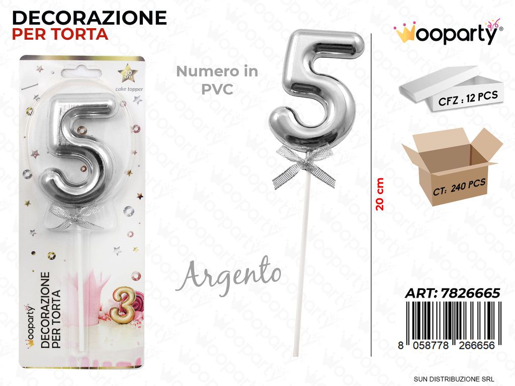 DEC. PER TORTA IN PVC N. 5 ARGENTO 20CM /PZ DA 12**