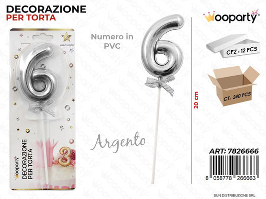 DEC. PER TORTA IN PVC N. 6 ARGENTO 20CM /PZ DA 12**