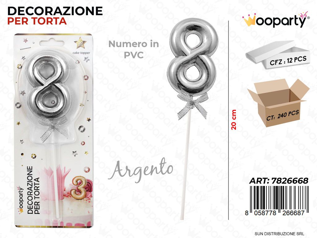 DEC. PER TORTA IN PVC N. 8 ARGENTO 20CM /PZ DA 12**