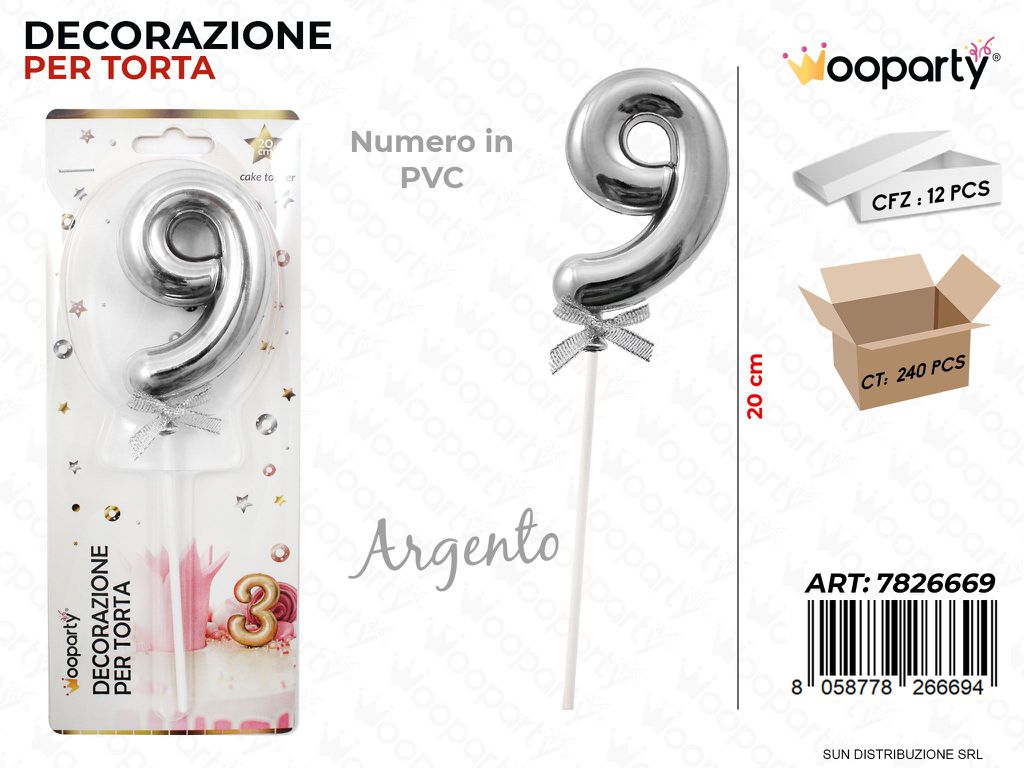 DEC. PER TORTA IN PVC N. 9 ARGENTO 20CM /PZ DA 12**