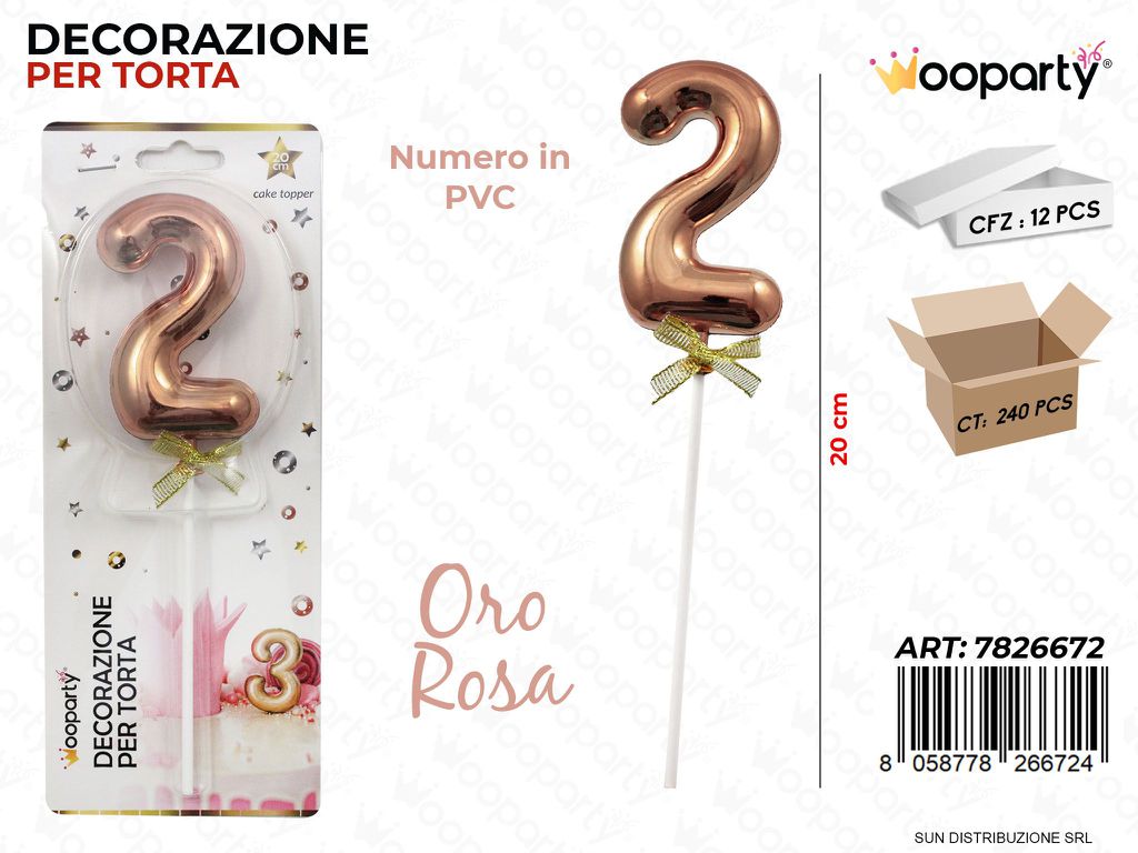 DEC. PER TORTA IN PVC N. 2 ORO ROSA 20CM /PZ DA 12**