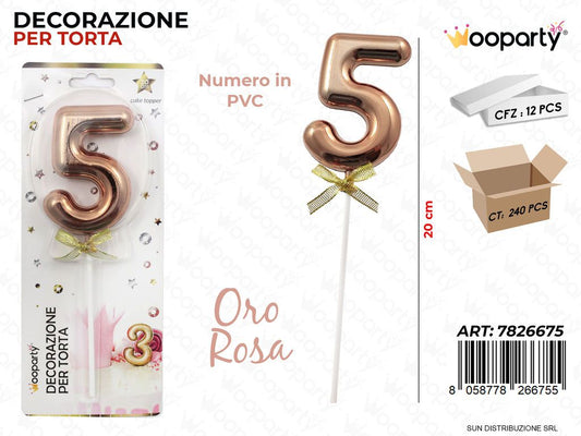 DEC. PER TORTA IN PVC N. 5 ORO ROSA 20CM /PZ DA 12**