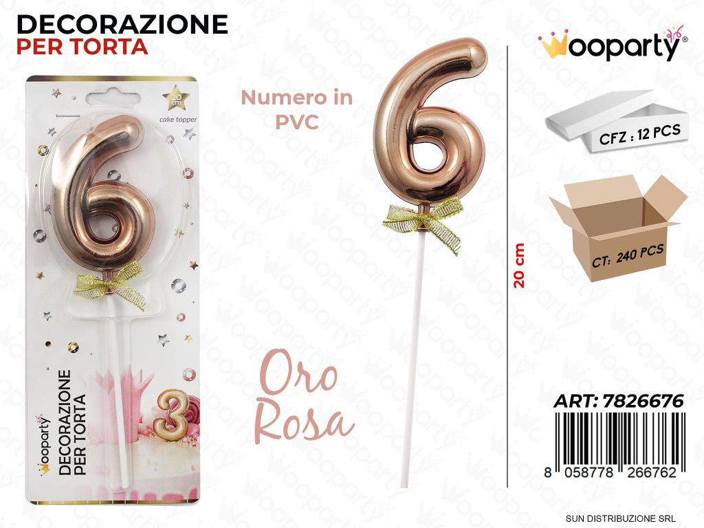 DEC. PER TORTA IN PVC N. 6 ORO ROSA 20CM /PZ DA 12**