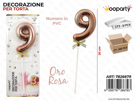 DEC. PER TORTA IN PVC N. 9 ORO ROSA 20CM /PZ DA 12**