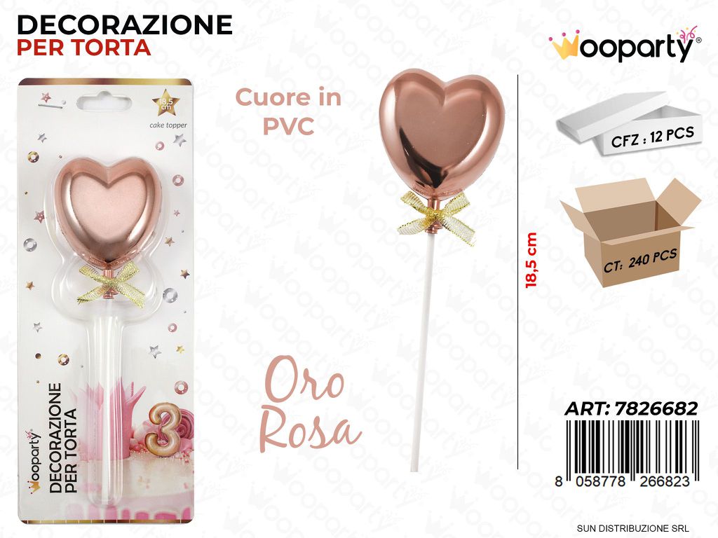 DEC. PER TORTA CUORE ORO ROSA IN PVC 18.5CM /PZ DA 12**