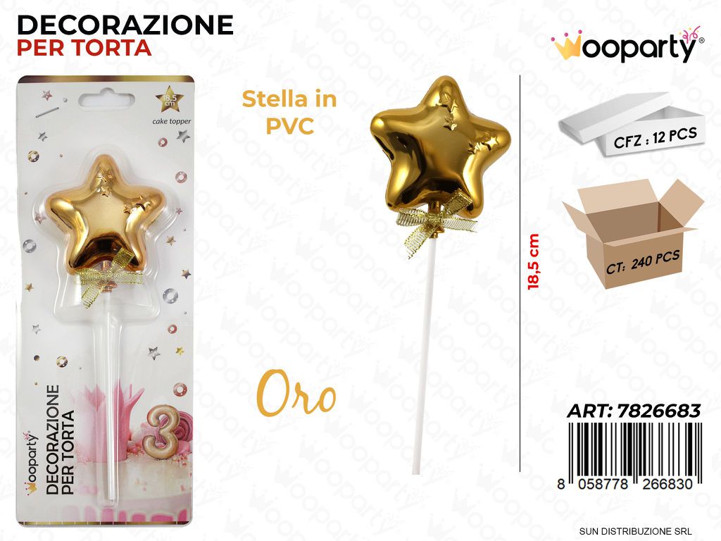 DEC. PER TORTA STELLA ORO IN PVC 18.5CM /PZ DA 12**