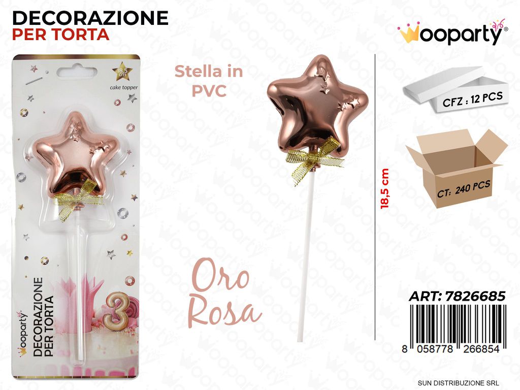 DEC. PER TORTA STELLA ORO ROSA IN PVC 18.5CM /PZ DA 12**