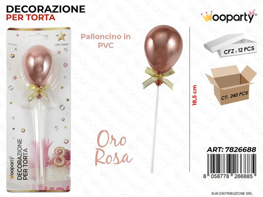 DEC. PER TORTA PALLONCINO ORO ROSA IN PVC 18.5CM /PZ DA 12**