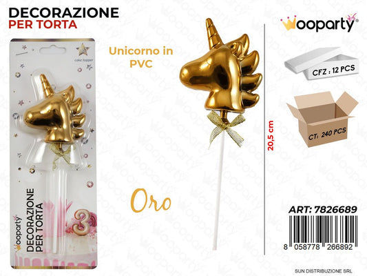 DEC. PER TORTA UNICORNO ORO IN PVC 20.5CM /PZ DA 12**