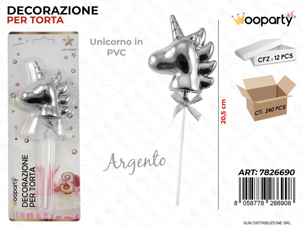 DEC. PER TORTA UNICORNO ARG. IN PVC 20.5CM /PZ DA 12**