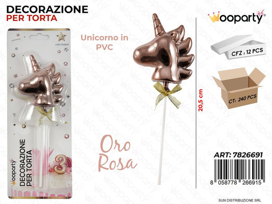 DEC. PER TORTA UNICORNO ORO ROSA IN PVC 20.5CM /PZ DA 12**