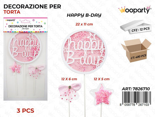 DEC. PER TORTA H. BIRTHDAY ROSA 3PCS MIS. ASS. / PZ DA 12**