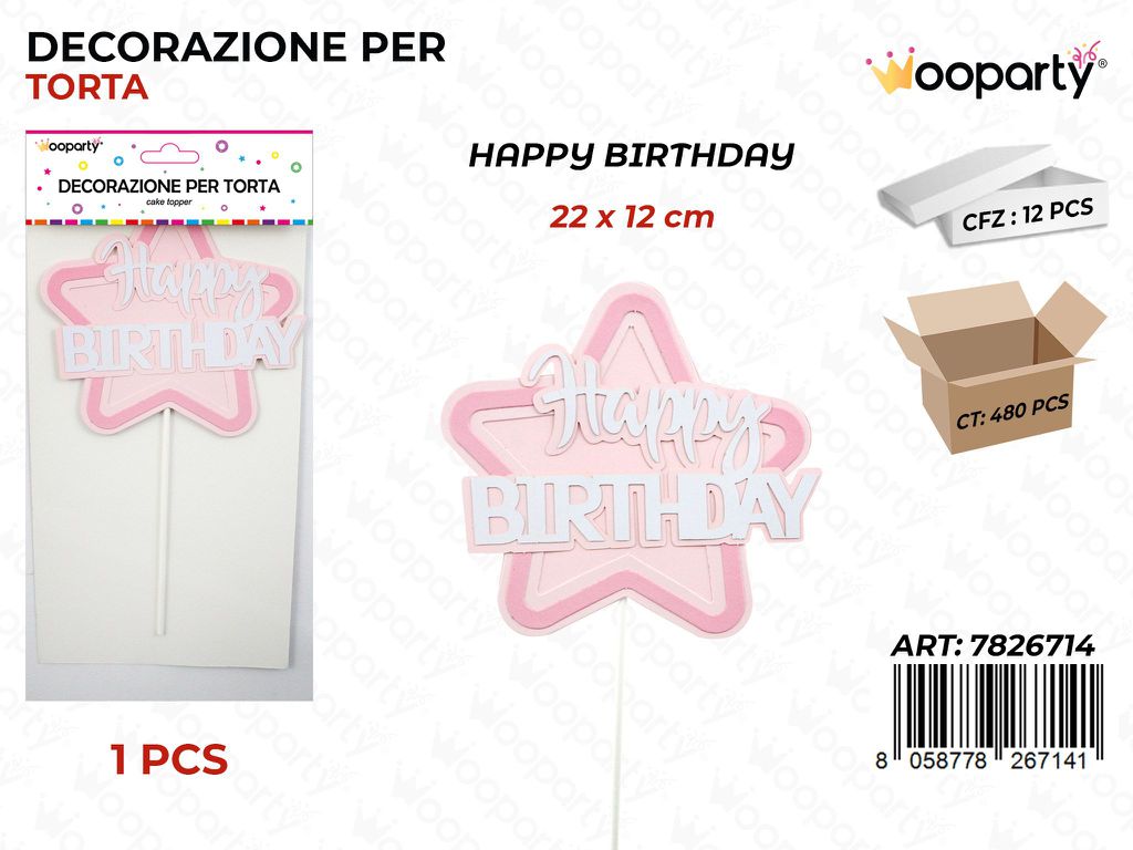 DEC. PER TORTA H. BIRTHDAY ROSA 22*12CM / PZ DA 12**