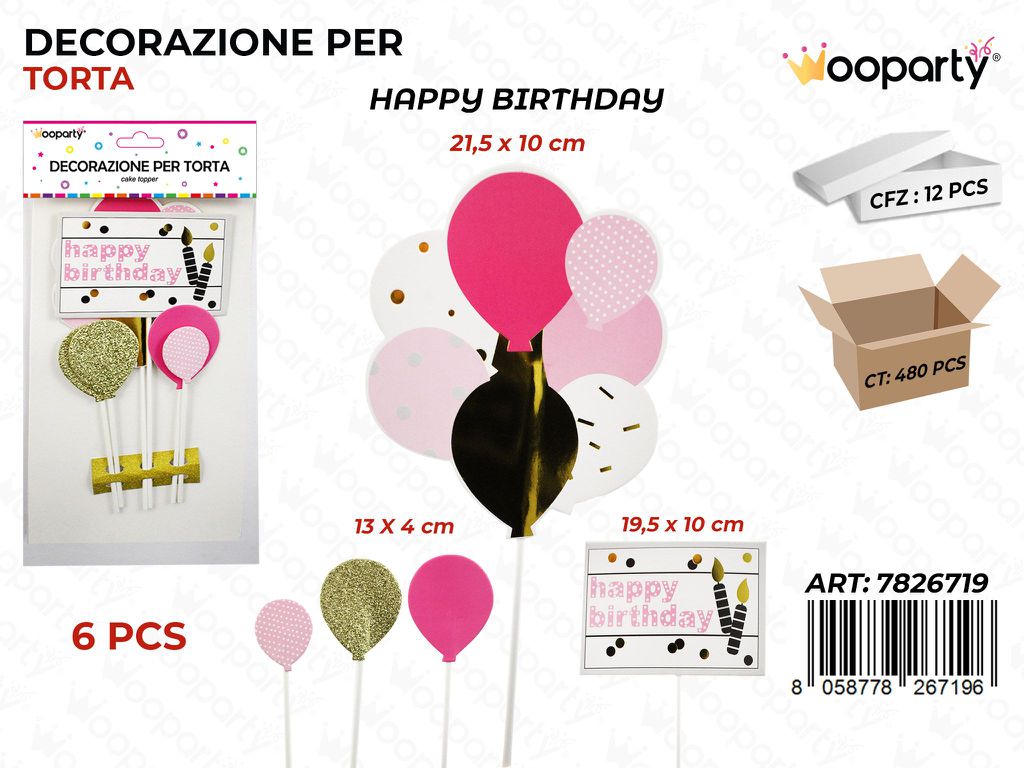 DEC. PER TORTA H. BIRTHDAY 6PCS MIS. ASS.  / PZ DA 12**