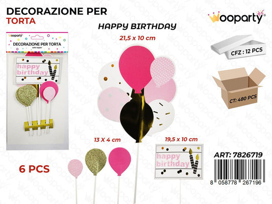 DEC. PER TORTA H. BIRTHDAY 6PCS MIS. ASS.  / PZ DA 12**