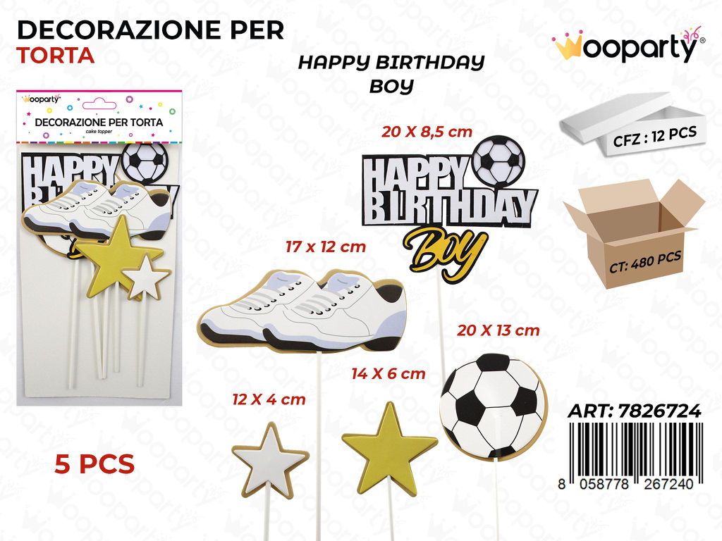 DEC. PER TORTA H. BIRTHDAY BOY 5PCS ASS. 20*8.5CM / PZ DA 12**
