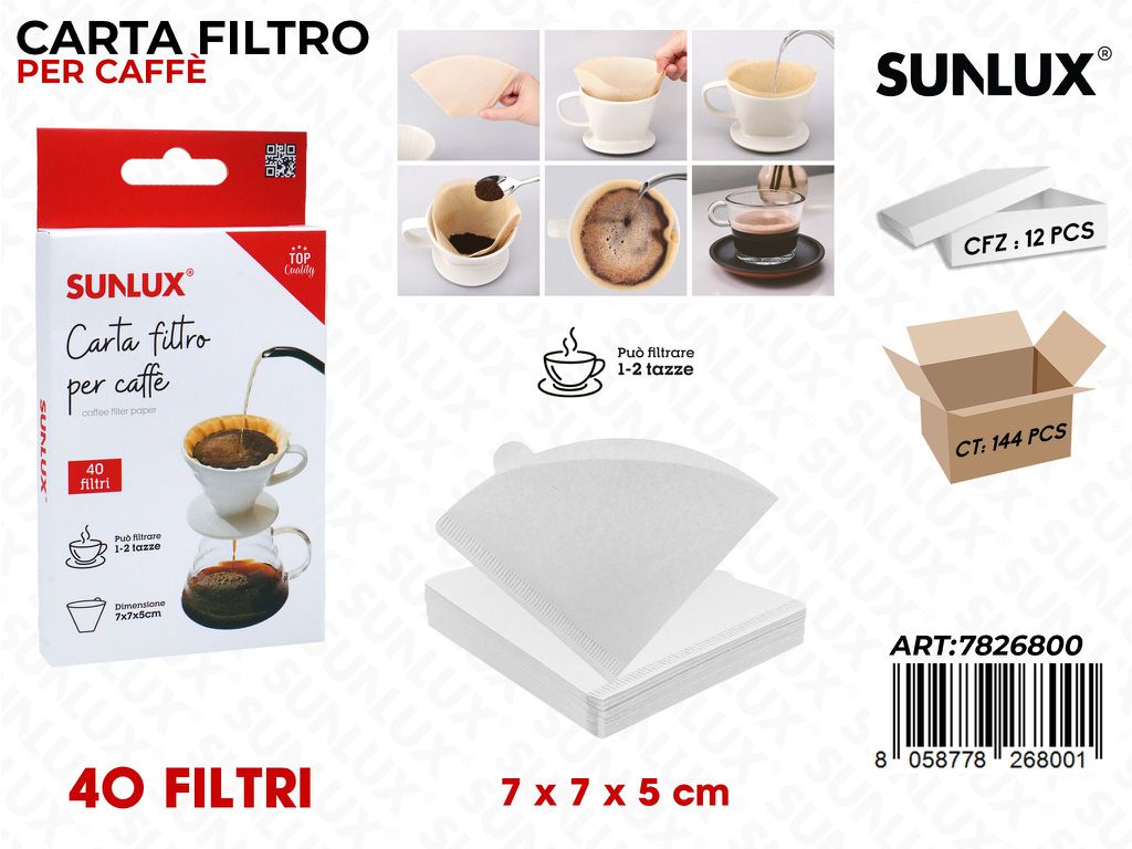 Sunlux Carta Filtro Caffè 1-2TAZZE 40PCS 7*7*5CM