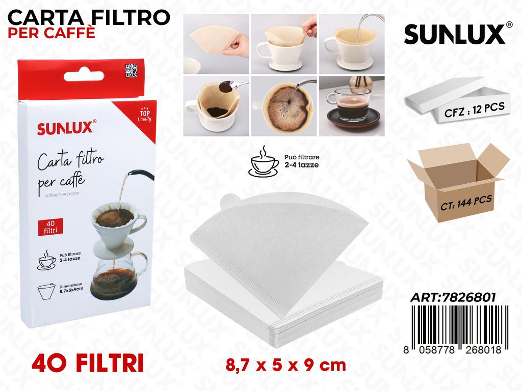 Sunlux Carta Filtro Caffè 2-4TAZZE 40PCS 8.7*5*9CM