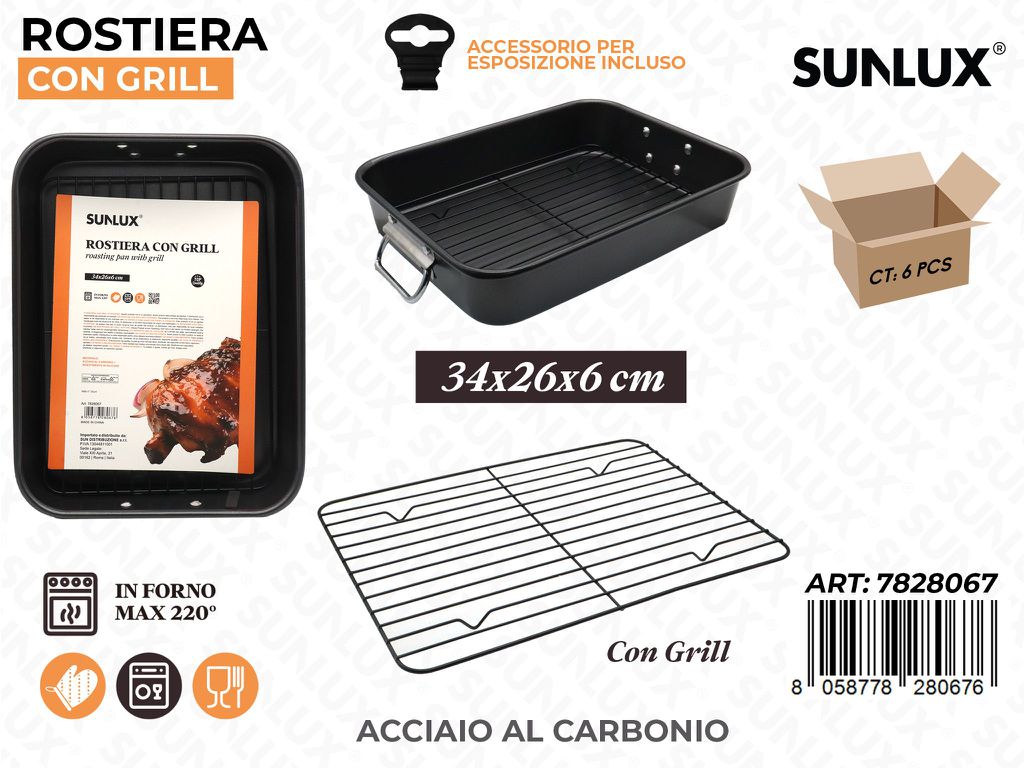 Sunlux Rostiera c/Grill Acc. al Carbonio 34*26*6CM