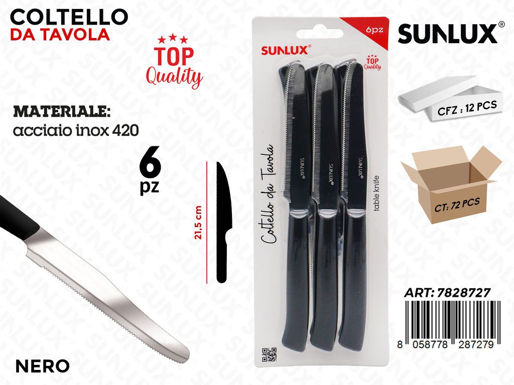 Sunlux Coltello da Tavola Nero Acc. 420 6PCS 21.5CM