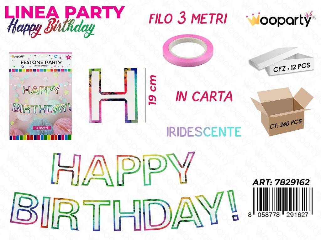 L.HAPPY BIRTHDAY FESTONE PARTY 19CM*3MT /PZ DA 12**